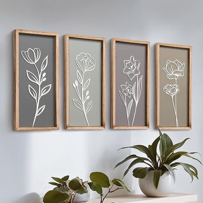 3d wooden floral wall decor set of 4 boho botanical