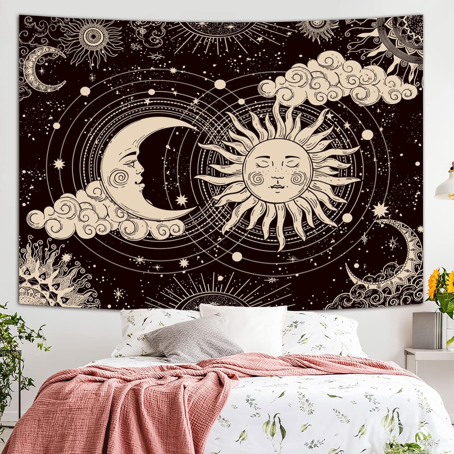 Large black celestial tapestry wall hanging for bedroom decor (51x59 inch)