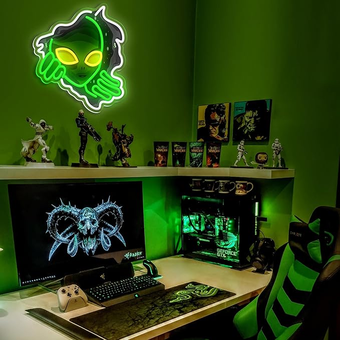 green UFO neon light aesthetic bedroom decoration