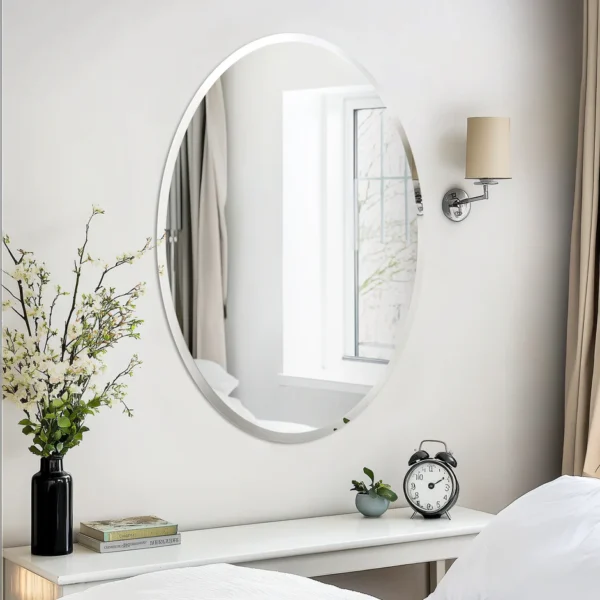 HD glass frameless oval wall mirror with crystal clear reflection