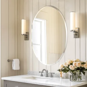Frameless oval wall glass mirror bathroom mounted above modern vanity