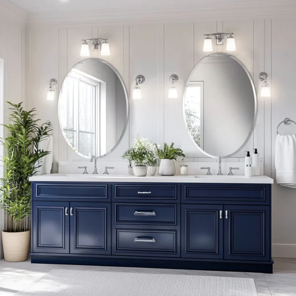 Frameless silver oval vanity mirror for contemporary bathroom