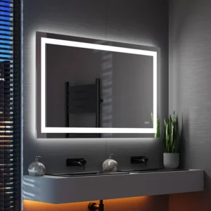 Front and backlit LED bathroom mirror 48x36 with black frame mounted on modern vanity