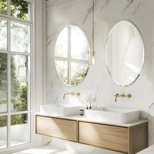 Oval wall glass mirror for bathroom with beveled edge detail