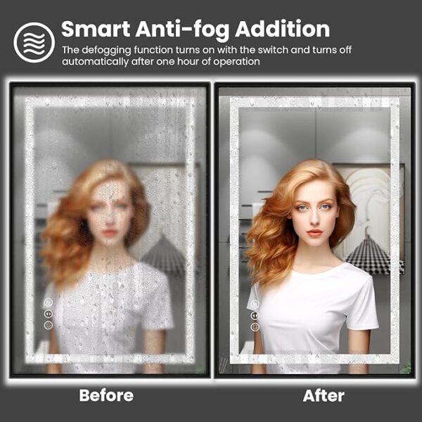 48x36 black frame LED bathroom mirror with double lighting and anti fog feature