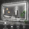 Front and backlit LED bathroom mirror 48x36 with black frame mounted on modern vanity