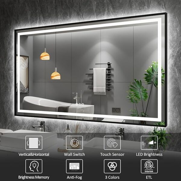 Front and backlit LED bathroom mirror 48x36 with black frame mounted on modern vanity