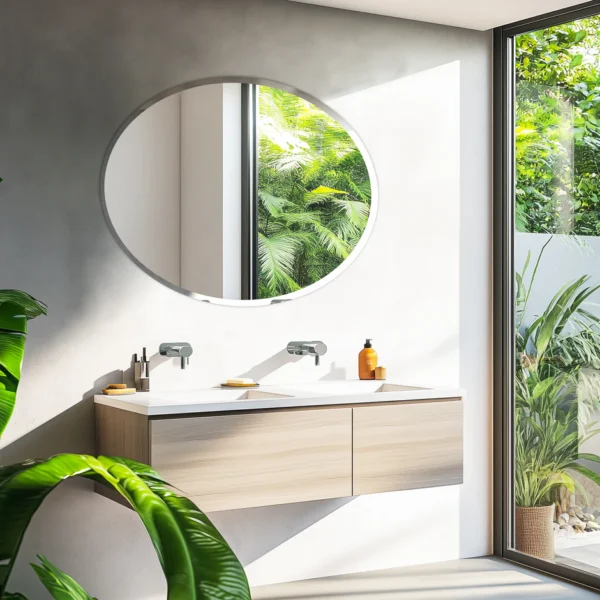 Modern frameless oval bathroom wall mirror with silver finish