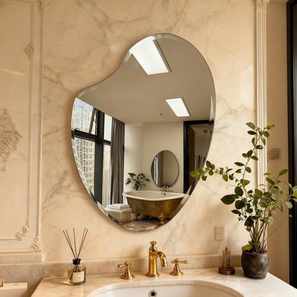 Asymmetrical frameless irregular wall mirror with beveled edge for modern bathroom vanity decor