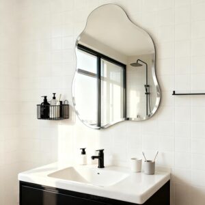 Asymmetrical vanity mirror frameless design for modern home