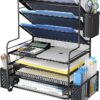 Black 7 tier metal desk file organizer with letter trays and pen holder