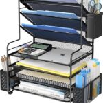 Black 7 tier metal desk file organizer with letter trays and pen holder