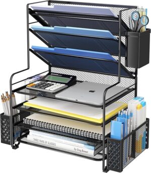 Black 7 tier metal desk file organizer with letter trays and pen holder