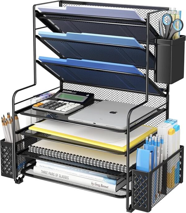 Black 7 tier metal desk file organizer with letter trays and pen holder