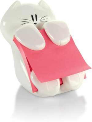 Cat Post-it pop-up note dispenser holding 3x3 sticky notes on office desk