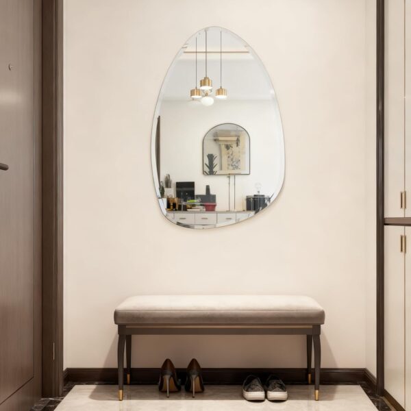 Frameless asymmetrical bathroom mirror with beveled glass edge wall mounted