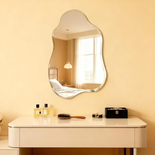 Frameless asymmetrical wall mirror bathroom mounted above modern vanity