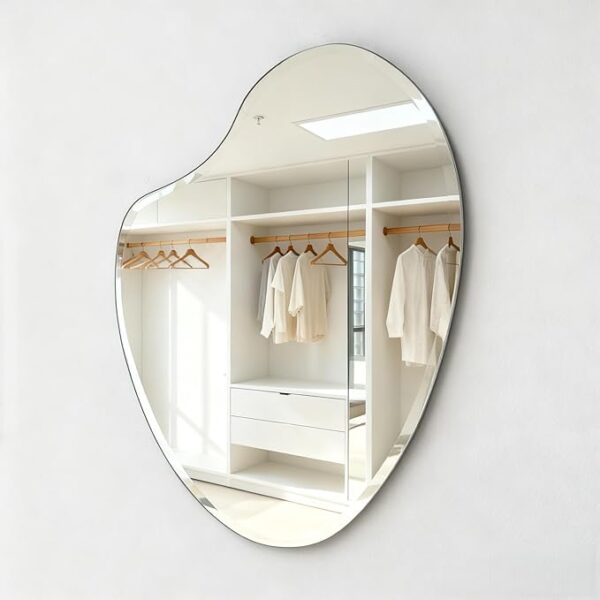 Modern asymmetrical bathroom mirror frameless irregular design with polished beveled edge