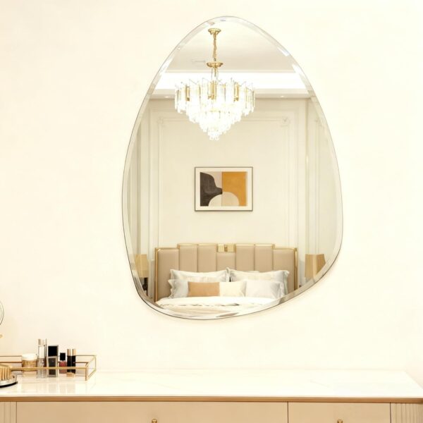 Teardrop asymmetrical wall mirror frameless irregular bathroom vanity mirror with beveled edge
