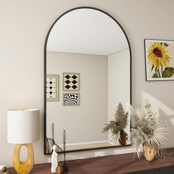 black arched bathroom mirror with aluminum frame