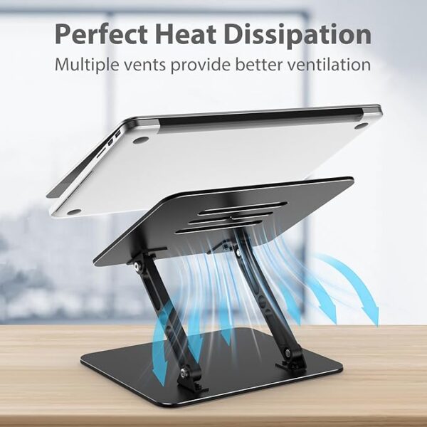 Black aluminum adjustable laptop stand for desk setup