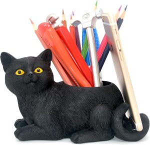 Black cat desk decor pen holder made of resin
