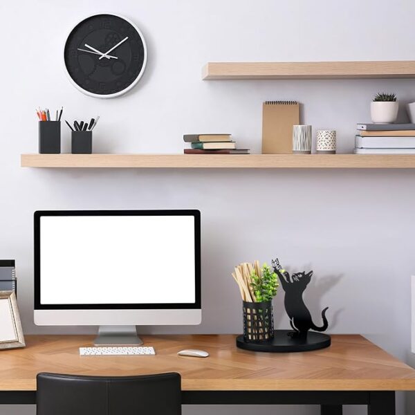 Black cat shaped metal pencil holder for workspace