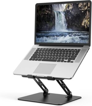 Black ergonomic adjustable laptop stand for desk with aluminum foldable design