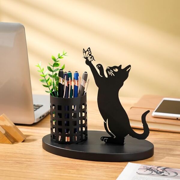 Black metal cat pencil holder decorative desk accessory