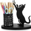 Cute black cat pen holder for desk metal pencil organizer