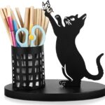 Cute black cat pen holder for desk metal pencil organizer