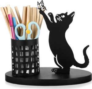 Cute black cat pen holder for desk metal pencil organizer