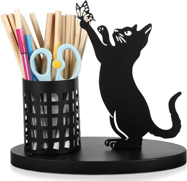 Cute black cat pen holder for desk metal pencil organizer