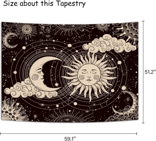 Aesthetic black tapestry for bedroom featuring sun moon and cosmic design