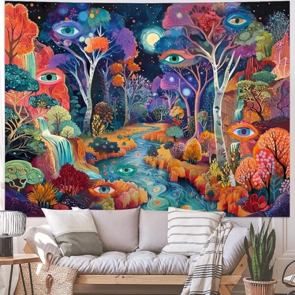 Evil eye tapestry with trippy nature forest design aesthetic room decor