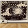Black sun and moon tapestry hanging on bedroom wall with aesthetic dark decor