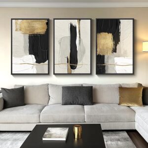 black white gold abstract wall art set of 3 large canvas