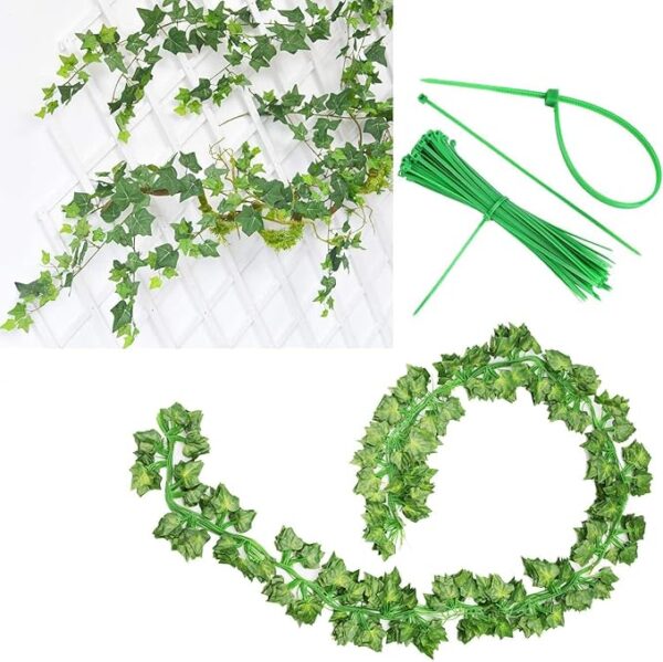 Realistic faux ivy vine garland decorating cozy bedroom wall space