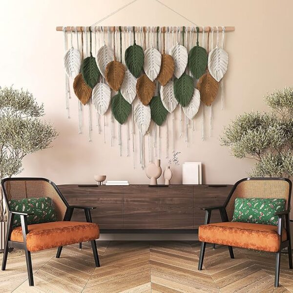 handmade macrame wall art with leaf and tassel design