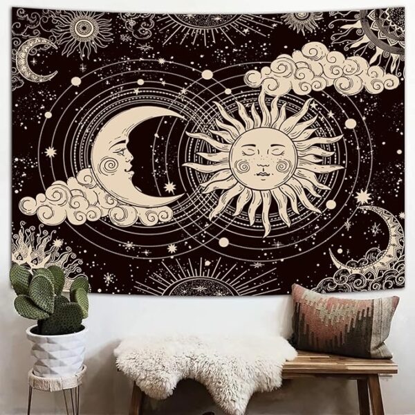 Mystic celestial sun moon tapestry with stars and clouds for spiritual room decor