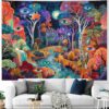 Colorful psychedelic forest tapestry with galaxy and fantasy landscape theme