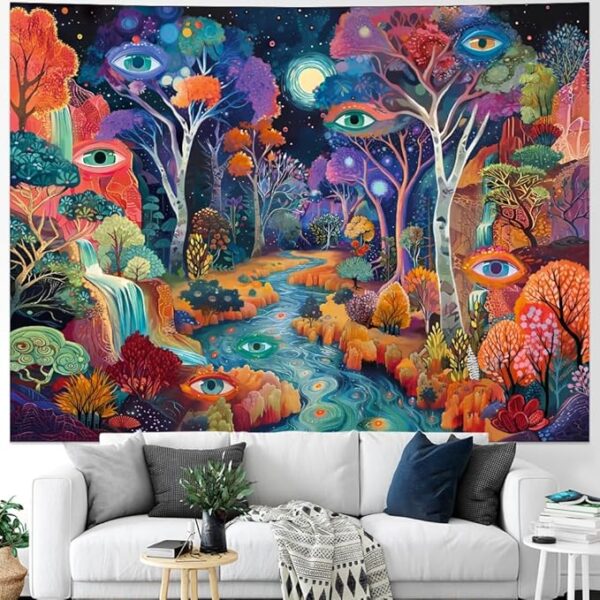 Colorful psychedelic forest tapestry with galaxy and fantasy landscape theme