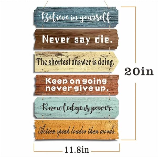 Room Flowy distressed wood motivational wall art above home office desk in reddish-brown and beige