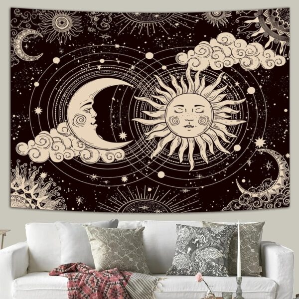 Dark boho sun and moon wall tapestry for meditation and aesthetic room setup