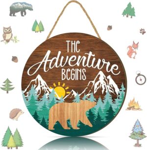 the adventure begins wooden hanging sign 12x12 nursery decor