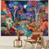 Trippy forest tapestry with evil eye psychedelic design for bedroom wall decor