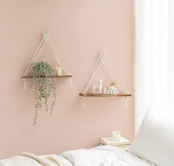 white macrame floating shelves for bedroom decor