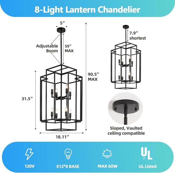 8 light black chandelier for foyer and high ceiling spaces