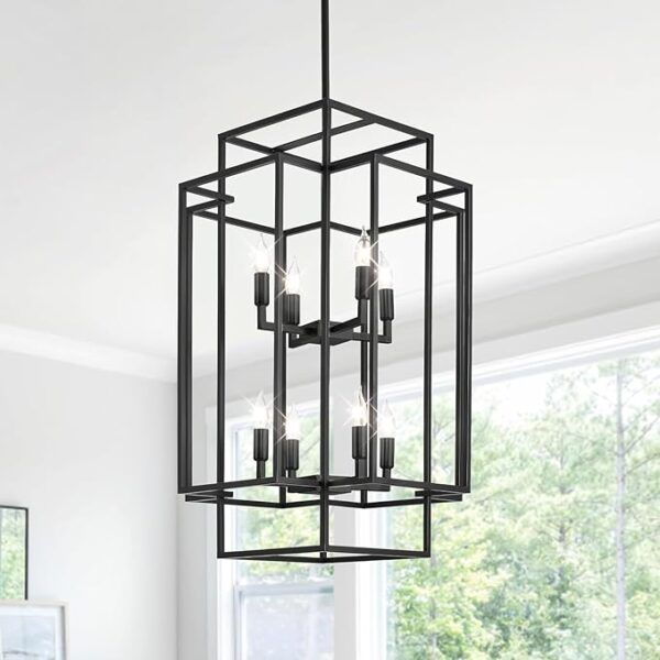 modern black chandelier for high ceilings with 8 light lantern design