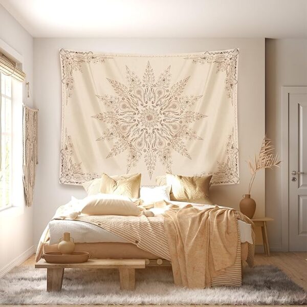 Floral mandala tapestry hanging in teen girl bedroom
